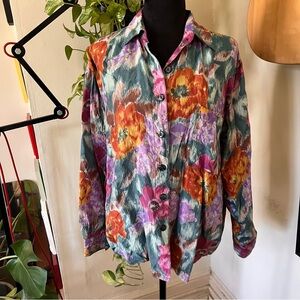 Vtg 90s Robert Stock Limited 100% Silk Button Up Floral Blouse - Size Medium